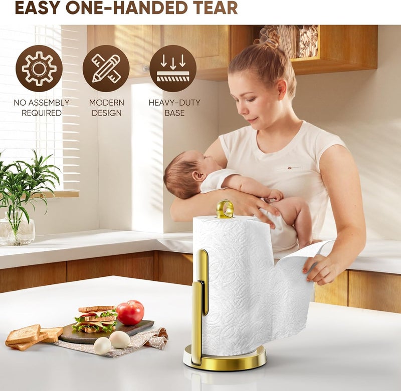 theaoo Heavy-Duty Stainless Steel Paper Towel Holder with Tension Arm – Easy One-Handed Tear, Modern Standing Countertop Dispenser for Kitchen, Holds All Paper Towel Rolls (1, Gold) - Image 4